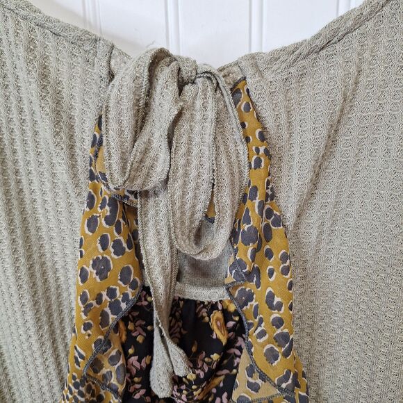 Umgee Womens 2XL Sleeveless Thermal Knit‎ Top Mixed Media Boho Tie Neck Ruffle - Picture 5 of 8